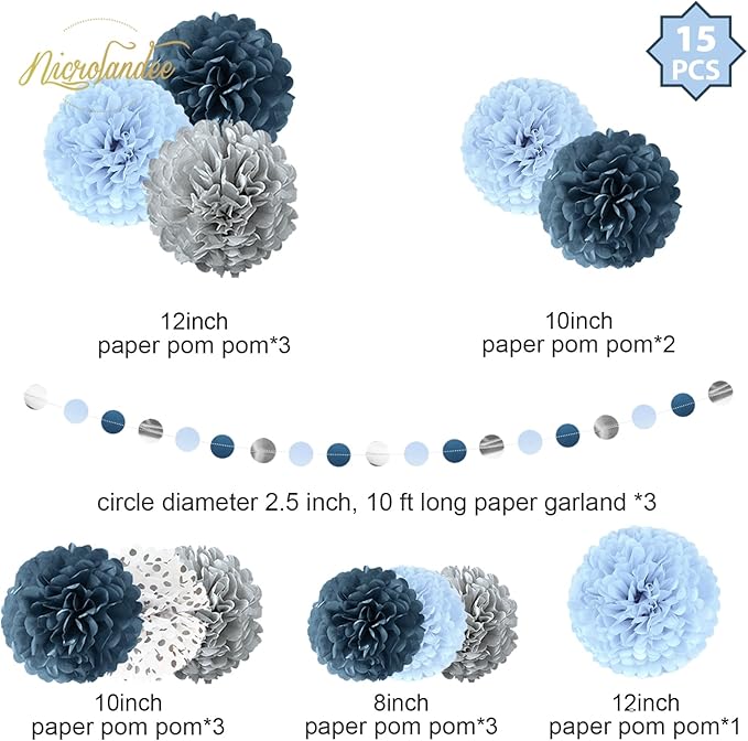 Dusty Blue Wedding Decorations 15 PCS Tissue Pom Poms Paper Garland