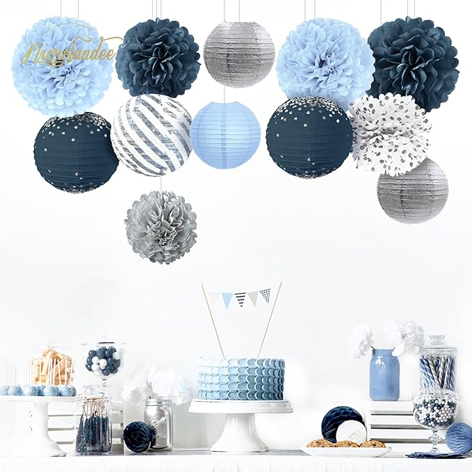 Dusty Blue Wedding Decorations 12 PCS Blue Grey Tissue Pom Poms