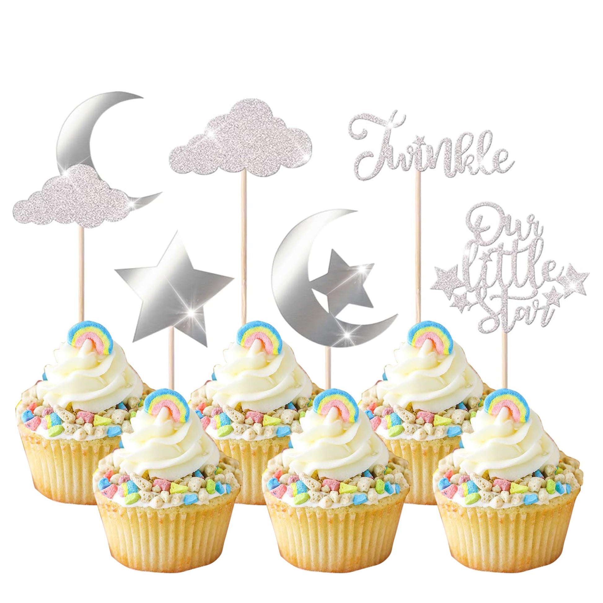 24 Pack Little Star Cupcake Toppers Glitter Moon Cloud Cupcake Picks