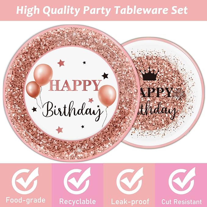 Wiooffen 96pcs Rose Gold Birthday Party Supplies Pack Happy Birthday