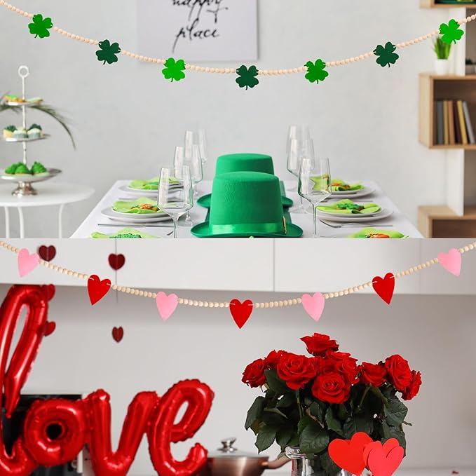 2 Pcs Valentine's Day St Patrick's Day Wood Bead Garland Valentine's