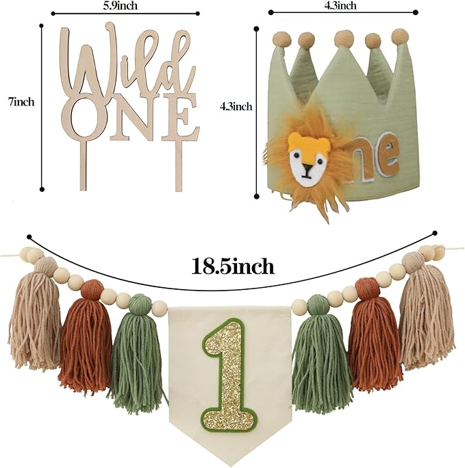 Wild One 1st Highchair Wood Bead Tassel Garland Lion Crown Hat