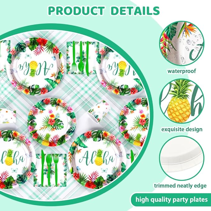 192 PCS Hawaiian Luau Party Decorations Tropical Paper Plates Cups