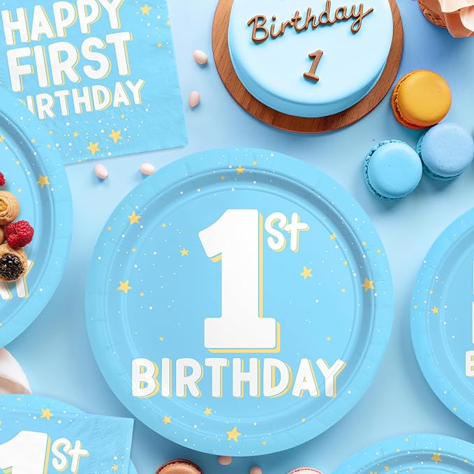 1st Birthday Decorations Boy Baby Blue Party Supplies Kit for 16