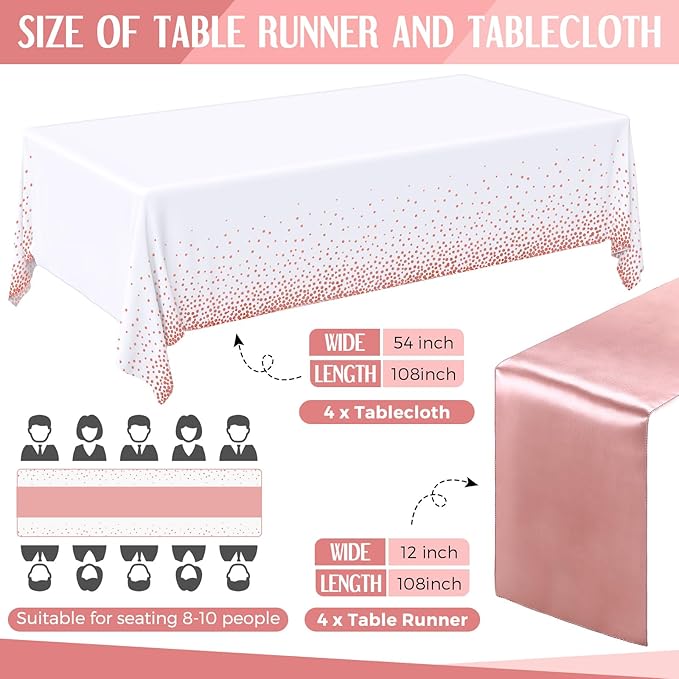Breling 8 Pack White and Rose Gold Disposable Plastic Tablecloths and