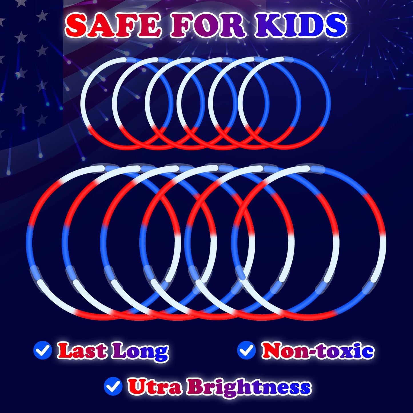 Patriotic Red White Blue Glow Sticks Bulk Party Pack 200 PCS, 4th of