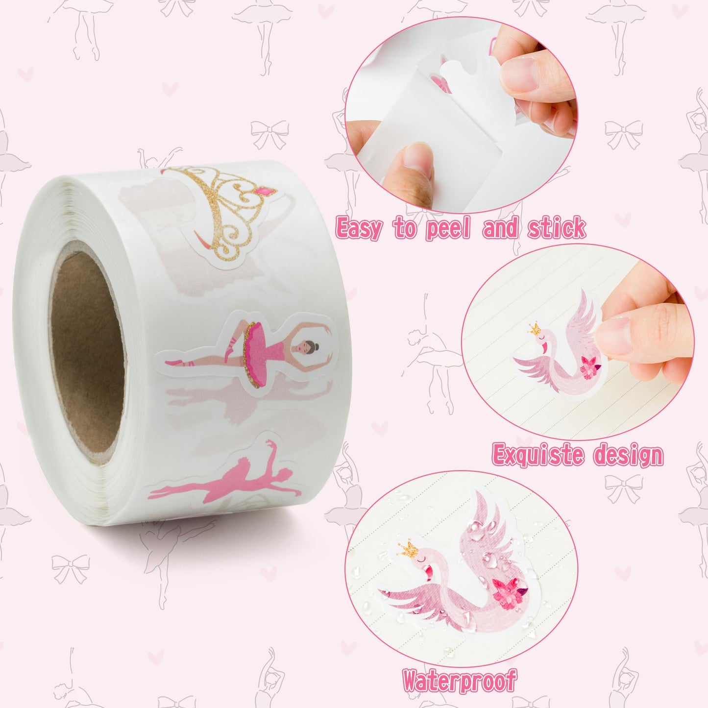 BeYumi 1000Pcs Ballet Dance Themed Stickers in 2 Rolls Pink Dacing