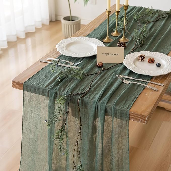 Keketoarrange Forest Green Table Runner Gauze Rustic Cheesecloth 120