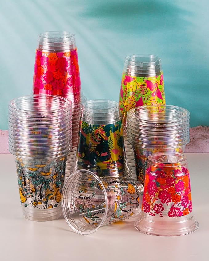 60 Pack Hawaiian Party Luau Tiki Cups 12 oz Disposable Plastic Cups