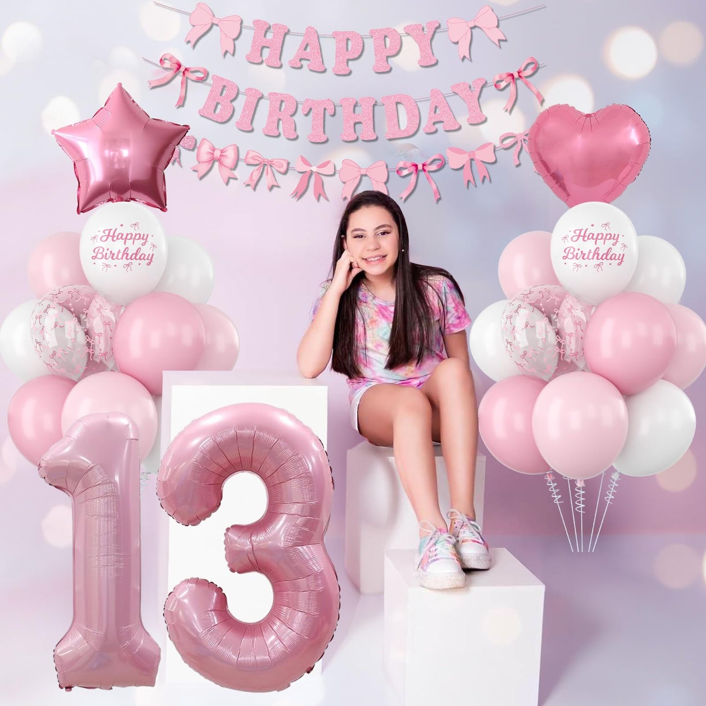 13th Birthday Decorations for Girls Pink Number 13 Balloon Bow