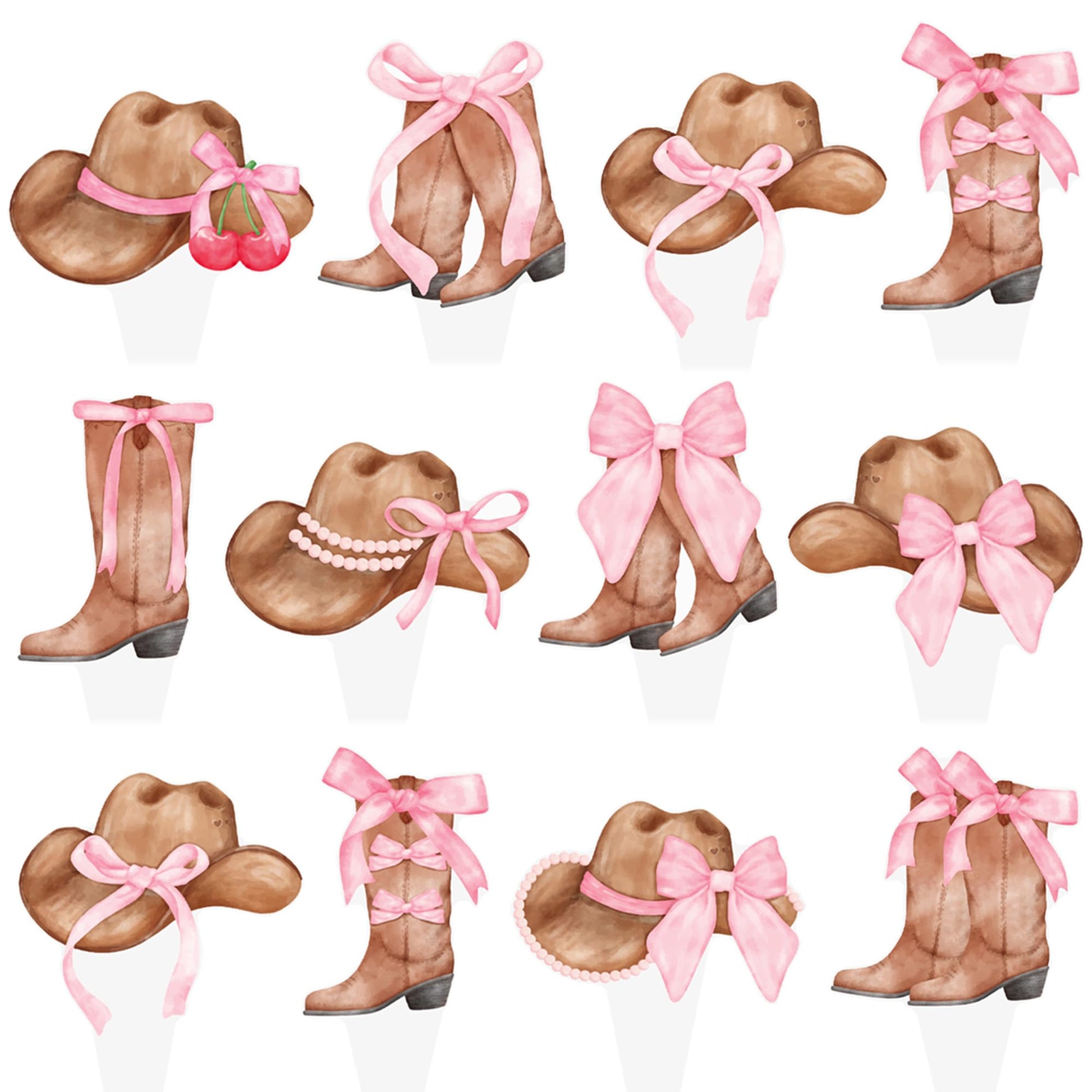 Cowgirl Boots and Hat Pink Bow Cupcake Toppers Coquette Cowgirl Cake