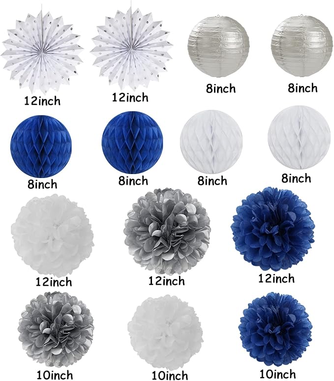 Navy-Blue White Silver Party Decorations - 14pcs Kits Paper Lanterns