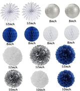 Navy-Blue White Silver Party Decorations - 14pcs Kits Paper Lanterns
