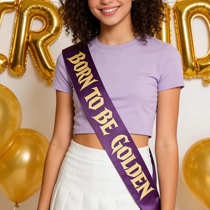 “BORN TO BE GOLDEN” Demon Movie Party Sash, Purple Satin with Gold
