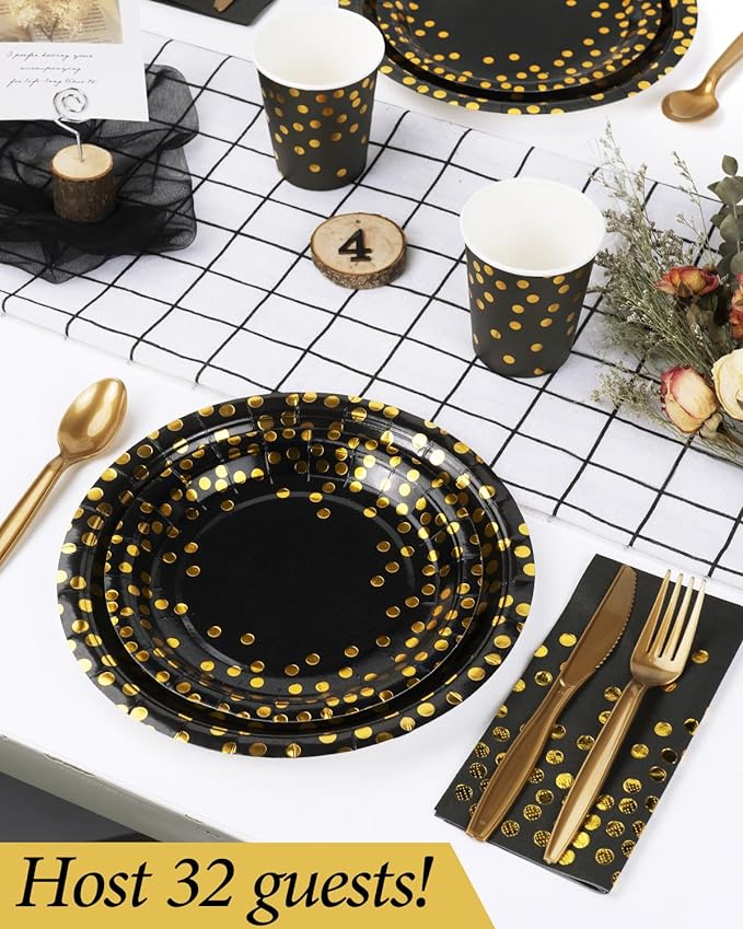 224 Pieces Party Supplies, Black and Gold Party Plates Cups and