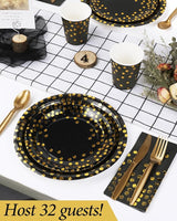 224 Pieces Party Supplies, Black and Gold Party Plates Cups and