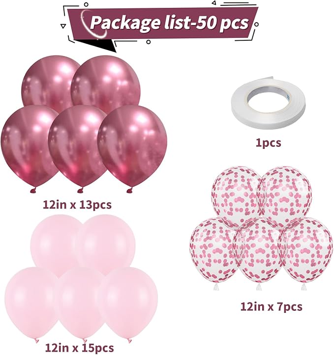 Pink Balloons Set, 12 Inch Pastel Baby Light Metallic Hot Pink