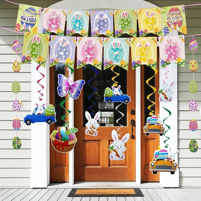 15 Piece Easter Decorations Kit with Foil Swirls Egg Garland &