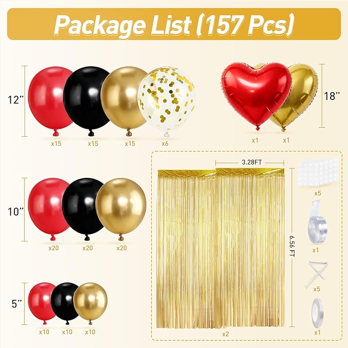157Pcs Red Black Gold Balloons Garland Arch Kit with Glitter Fringe