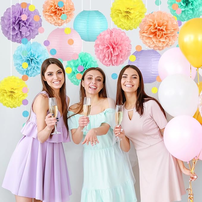 14 Pcs Pastel Party Decorations Kit - Macaron Tissue Paper Pom Poms,