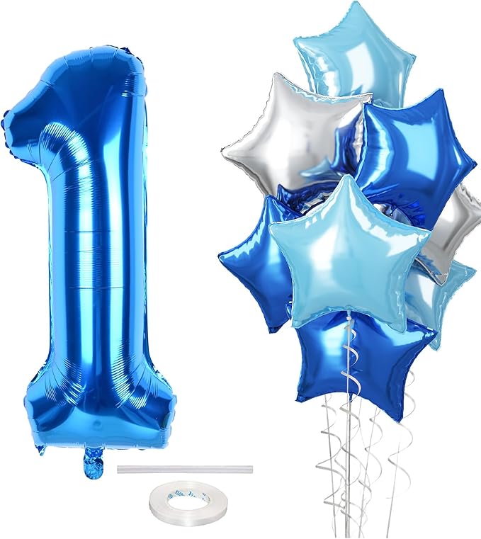 Dark Blue Number 1 Balloons, Big Royal Light Blue Silver Star One