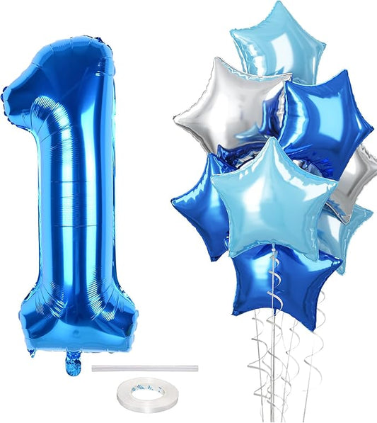 Dark Blue Number 1 Balloons, Big Royal Light Blue Silver Star One