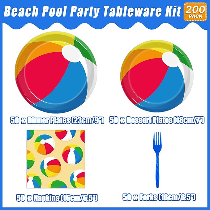 200Pcs Summer Pool Beach Party Tableware Set Beach Pool Ball Party