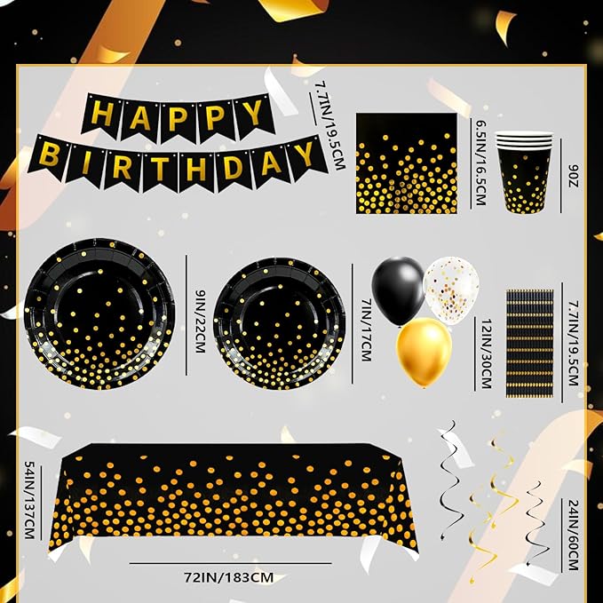 148 Pcs Black and Gold Party Decorations 16 Guests Black and Gold