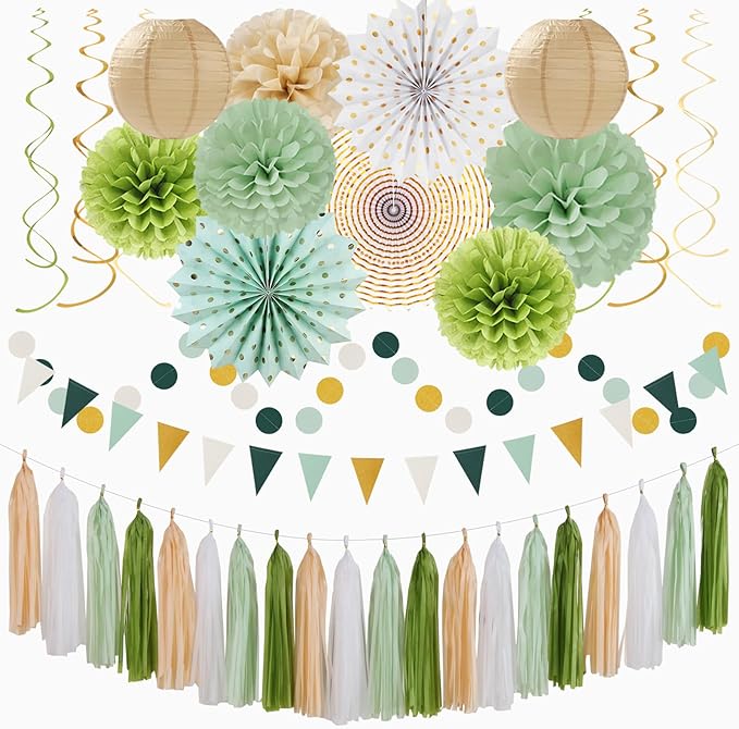 Sage Olive Green Gold Brown Boho Party Decorations 33pcs Paper