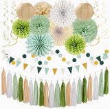 Sage Olive Green Gold Brown Boho Party Decorations 33pcs Paper