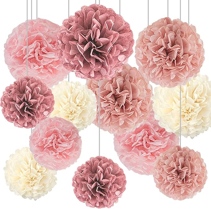 Boho Party Decoration,12pcs Blush Pink, Dusty Rose, Mauve, Cream