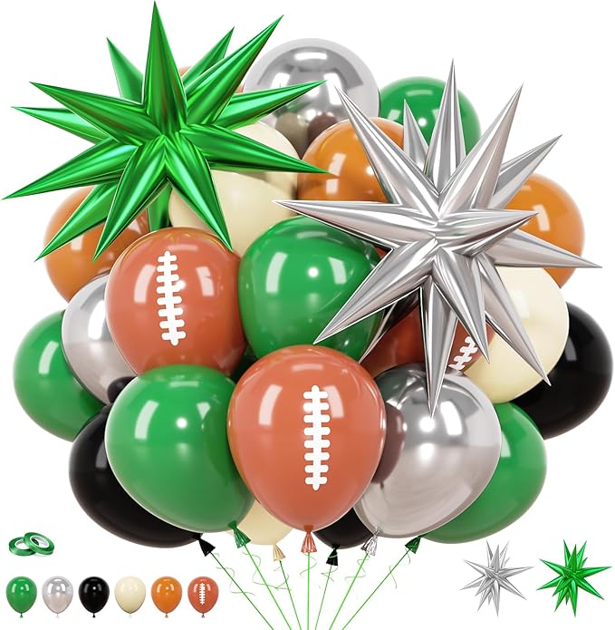 60pcs Football Balloons 12 Inch Dark Green Black Silver Khaki White