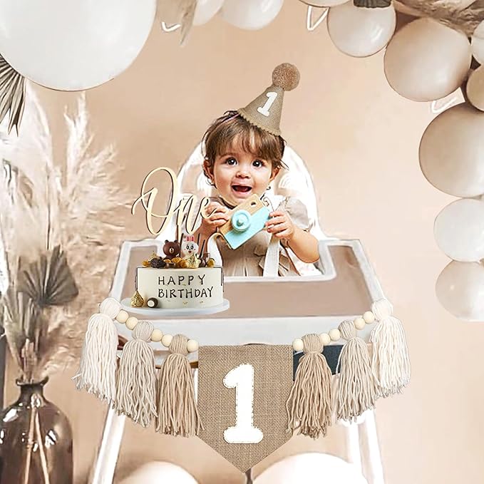 Boho Nude 1st Birthday Highchair Wood Bead Tassel Garland Conical