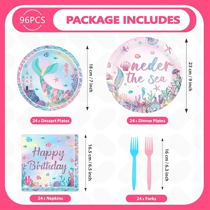 Grencian 96Pcs Mermaid Birthday Party Decorations Mermaid 1st