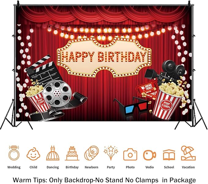10x6.5ft Movie Night Birthday Backdrop Red Curtain Popcorn Film Reel