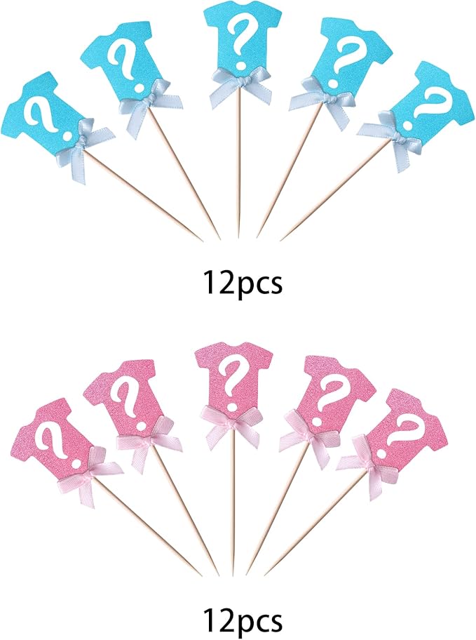 24 Pack Gender Reveal Cupcake Toppers Glitter Onesie Question Mark