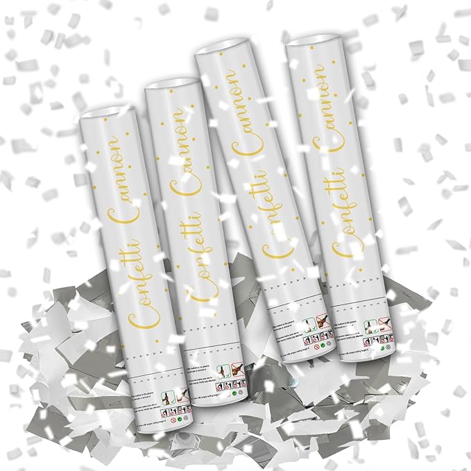 12" Silver & White Confetti Cannons - Party Poppers for Birthday