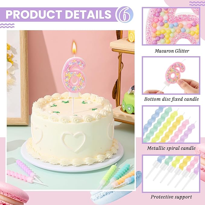 MTLEE Number 6 Birthday Candle with 12 Pcs Spiral Candles for Girls
