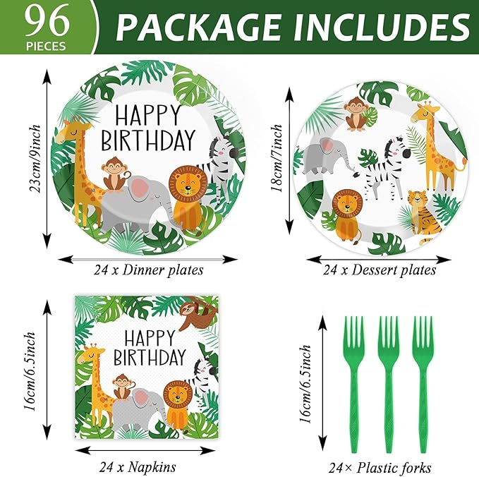 96PCS Jungle Birthday Party Plates and Napkins Safari Animals