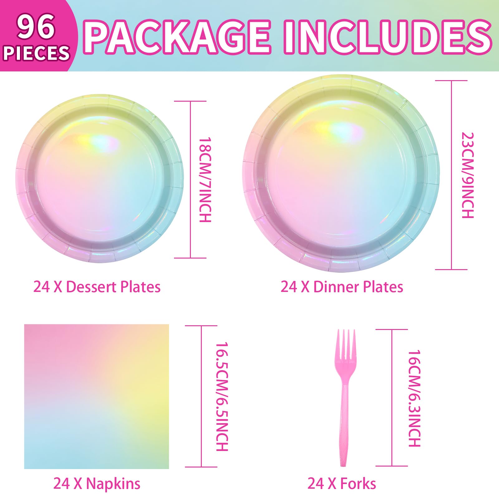 96Pcs Pastel Rainbow Birthday Party Supplies Iridescent Pastel Plates