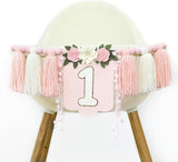 Handmade Wildflower 1st Birthday HighChair Banner Pink White Party