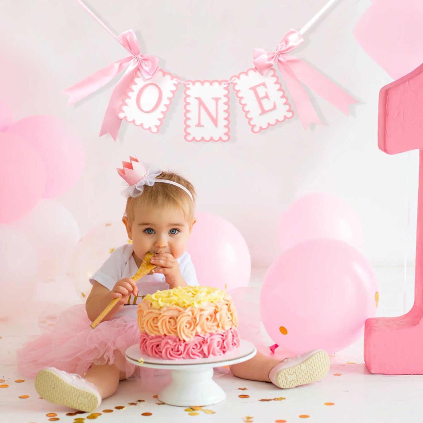 Girls 1st Birthday Decorations - Pink Bow High Chair Banner, Bow First
