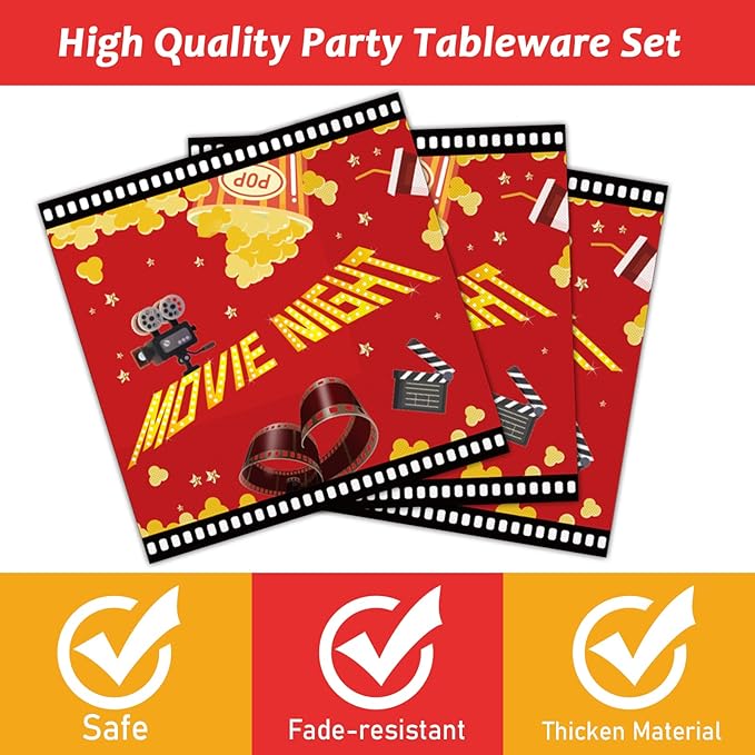 96 Pcs Movie Night Party Supplies Paper Plates Napkins Movie Party