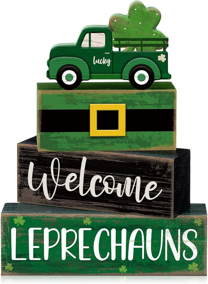 4 Pcs St Patricks Day Table Decor Leprechaun Wooden Stacked Blocks