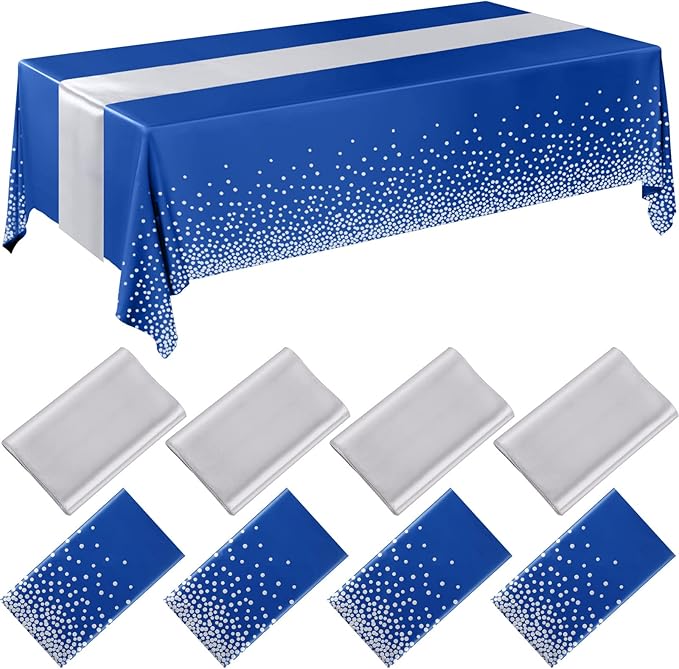 Breling 8 Pack Navy Blue and Silver Disposable Plastic Tablecloths