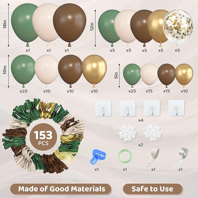 Amandir 153pcs Sage Green Brown Balloon Garland Arch Kit, Different