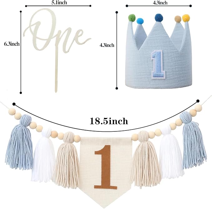 Baby First Birthday Party Decorations Blue High Chair Banner Crown