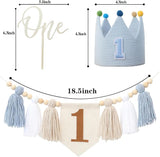 Baby First Birthday Party Decorations Blue High Chair Banner Crown