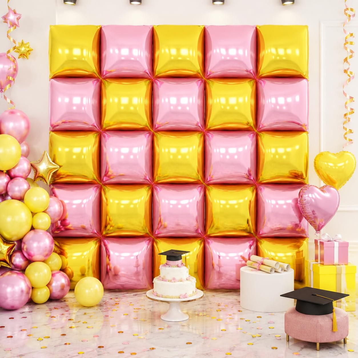 Pearl Pink and Gold Square Foil Balloon Wall,19 Inches Double Sided