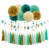 Teal-Blue Mint Beige-Gold Party Decorations - 30pcs Rustic Wedding